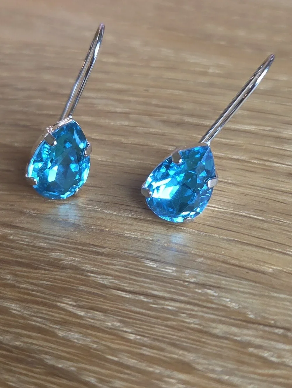 Pear Shape Blue Crystal Drop  Silver Earrings | Handmade